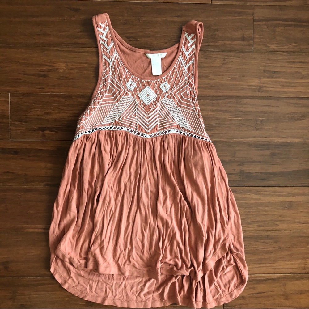 Forever 21 Rustic Clay Embroidered High Neck Tank